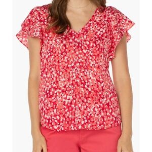 Liverpool Los Angeles Flutter Sleeve V-Neck Blouse Red Abstract Pebble Print NEW